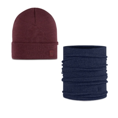 Zestaw dwukolorowy Czapka BUFF MERINO HEAVYWEIGHT BEANIE + Komin na szyję BUFF KNITTED w kolorach GARNET/NECKWARMER